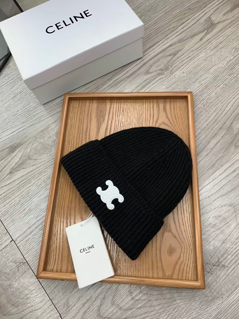 Celine Triomphe Ribbed Knit Beanie in Black - Picture 6 of 7